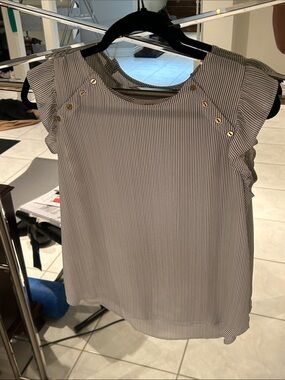 LOFT Black and White Pinstripe Ruffle Sleeve Shell with Gold Buttons